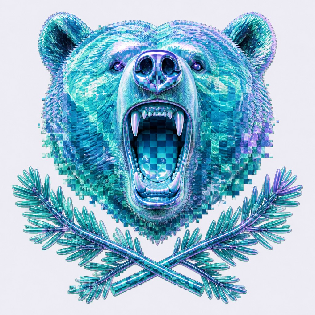 a roaring bear head above crossed pine branches, bold graphic composition on a plain background, no text