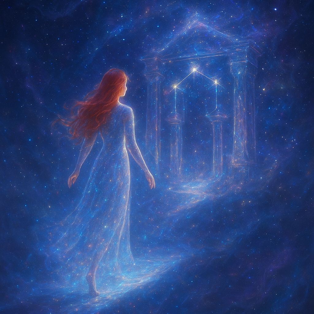 An ethereal and surreal depiction of a figure in a deep dream state, gracefully walking into the heart of the Mountain House constellation, also known as Libra. The figure is a lady with long, flowing red hair, shimmering full length dress radiating star light, suggesting her dream presence. She is stepping off a softly glowing, dream-like pathway or ethereal bridge that extends from a misty, dreamscape foreground into the vastness of space.
The Mountain House (Libra) constellation is not just stars but appears as a majestic, floating celestial architecture – perhaps as ancient, star-dusted pillars, glowing celestial doorways forming a 'mountain house' structure, built from nebulae and starlight. Within this constellation, gentle cosmic dust, shimmering gas clouds, and distant galaxies are visible, creating a sense of infinite depth.
The dominant colors are soft blues, purples, and deep indigos of space, interwoven with golden and silver light emanating from the stars and the lady's luminous form and radiant red hair. There's a profound sense of peace, wonder, and weightlessness. The atmosphere is serene and magical, conveying the feeling of transcending physical reality and entering a realm of cosmic balance and ancient wisdom. The artistic style is highly fantastical and painterly, with a focus on glowing effects, subtle transparency, and a dreamlike composition.
