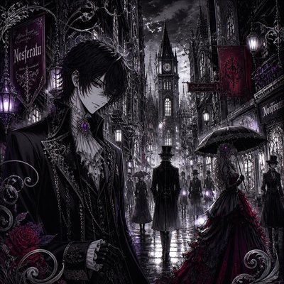 urban street with city activity — Dark Gothic Anime Art Style