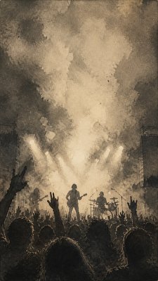 a live music scene with a glowing stage and silhouetted crowd, energetic vertical composition with open space at the top, no text