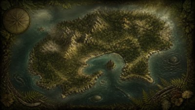 a map of an island realm with mountains, forests, a sheltered bay, sea monsters in the water and a compass rose, no text labels