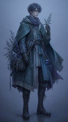 full-body original character: a wandering botanist with a satchel of plants, a patched green cloak, tall boots and round glasses, neutral background