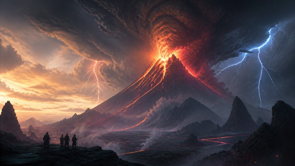 an erupting volcano with lightning strikes, dramatic wide composition, no text