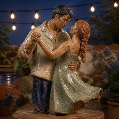 an original couple dancing under string lights in a garden at dusk: a man with short black hair in a linen shirt and a woman with braided red hair in a summer dress