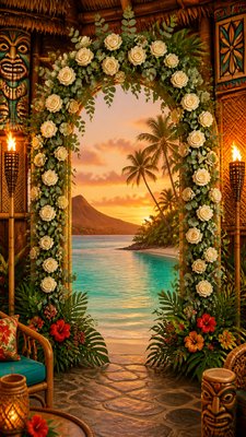 an arch of white roses and eucalyptus in soft morning light, elegant vertical composition with open space, no text