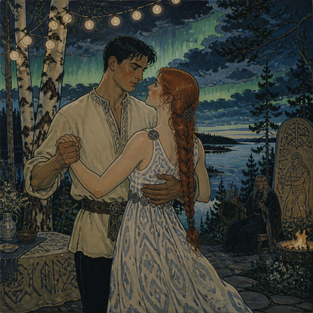an original couple dancing under string lights in a garden at dusk: a man with short black hair in a linen shirt and a woman with braided red hair in a summer dress