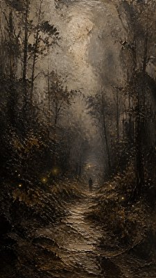 a mysterious forest path with fireflies and drifting mist, atmospheric vertical composition with open space at the top, no text