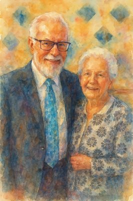 a watercolor painting of an elderly couple