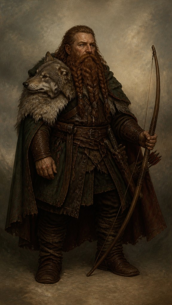 full-body original character: a dwarven ranger with a braided auburn beard, worn leather armor, a longbow and a wolf-pelt cloak, neutral background, no text