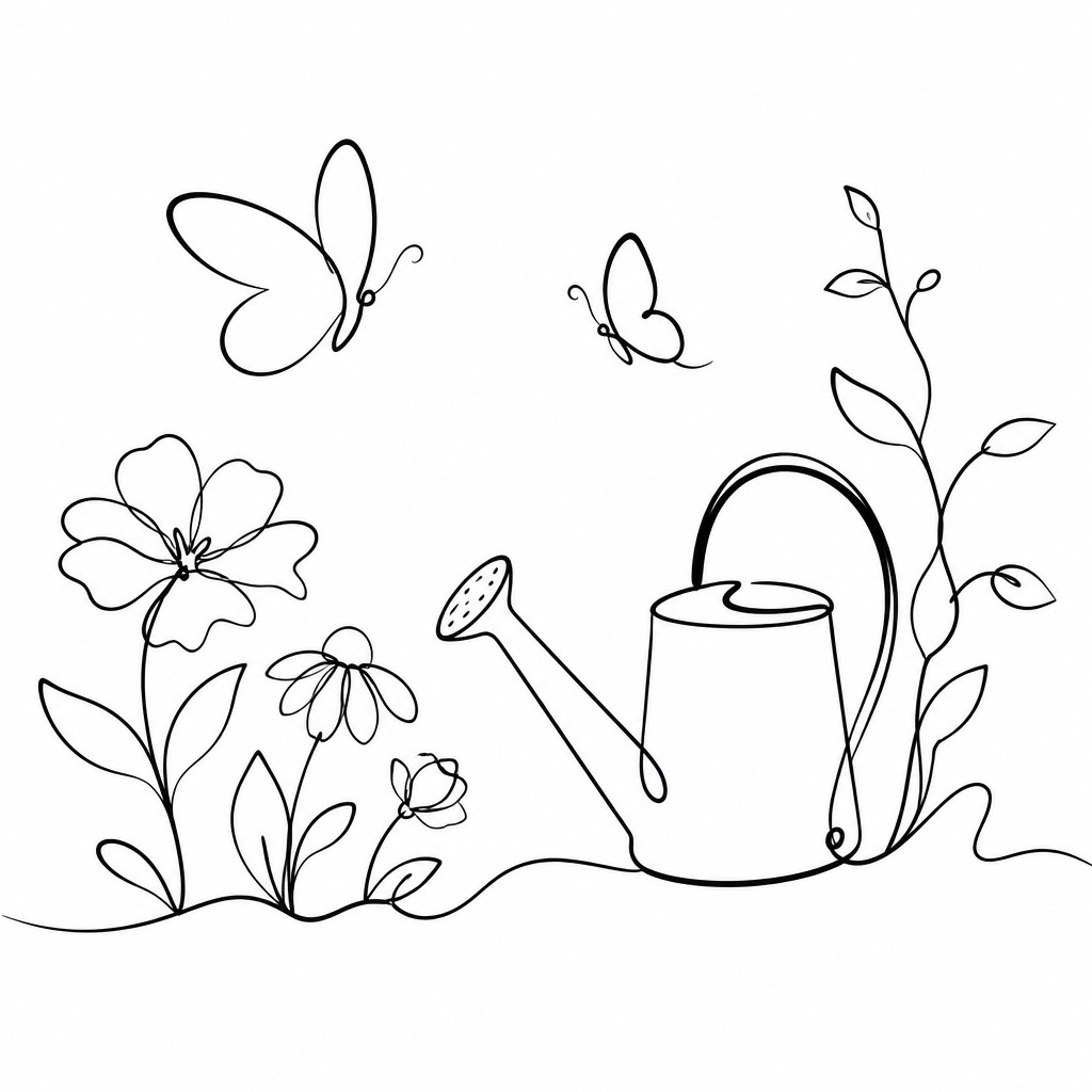 a garden scene with butterflies, flowers and a watering can, clean uncolored line art, no text