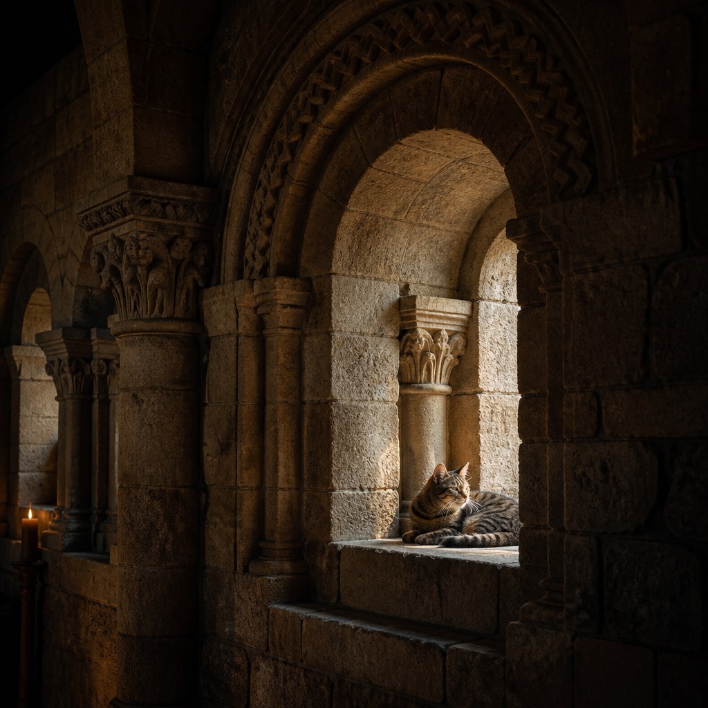a cat lounging in a sunlit window — Romanesque Architecture