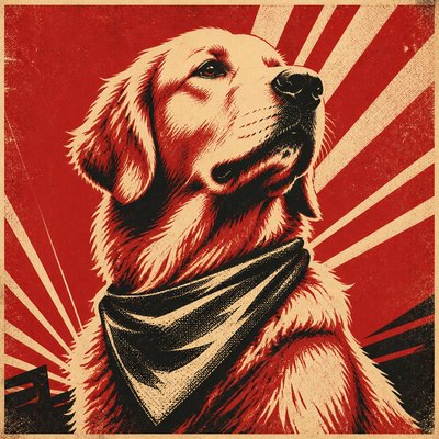 portrait of a golden retriever wearing a blue bandana, warm plain backdrop, no text