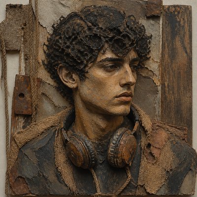 head-and-shoulders portrait of an original character: a young man with curly dark hair and headphones around his neck, plain backdrop, no text