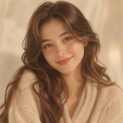 head-and-shoulders portrait of an original character: a young woman with wavy chestnut hair and a warm smile, plain soft backdrop