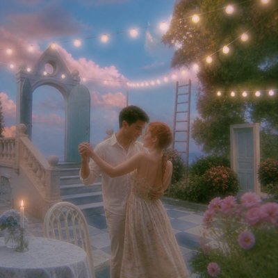 an original couple dancing under string lights in a garden at dusk: a man with short black hair in a linen shirt and a woman with braided red hair in a summer dress