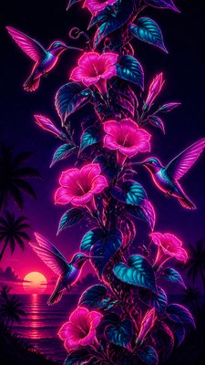 a climbing vine of flowers and hummingbirds on a dark background, tall wrapping composition, no text