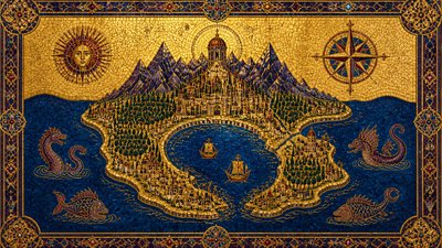 a map of an island realm with mountains, forests, a sheltered bay, sea monsters in the water and a compass rose, no text labels