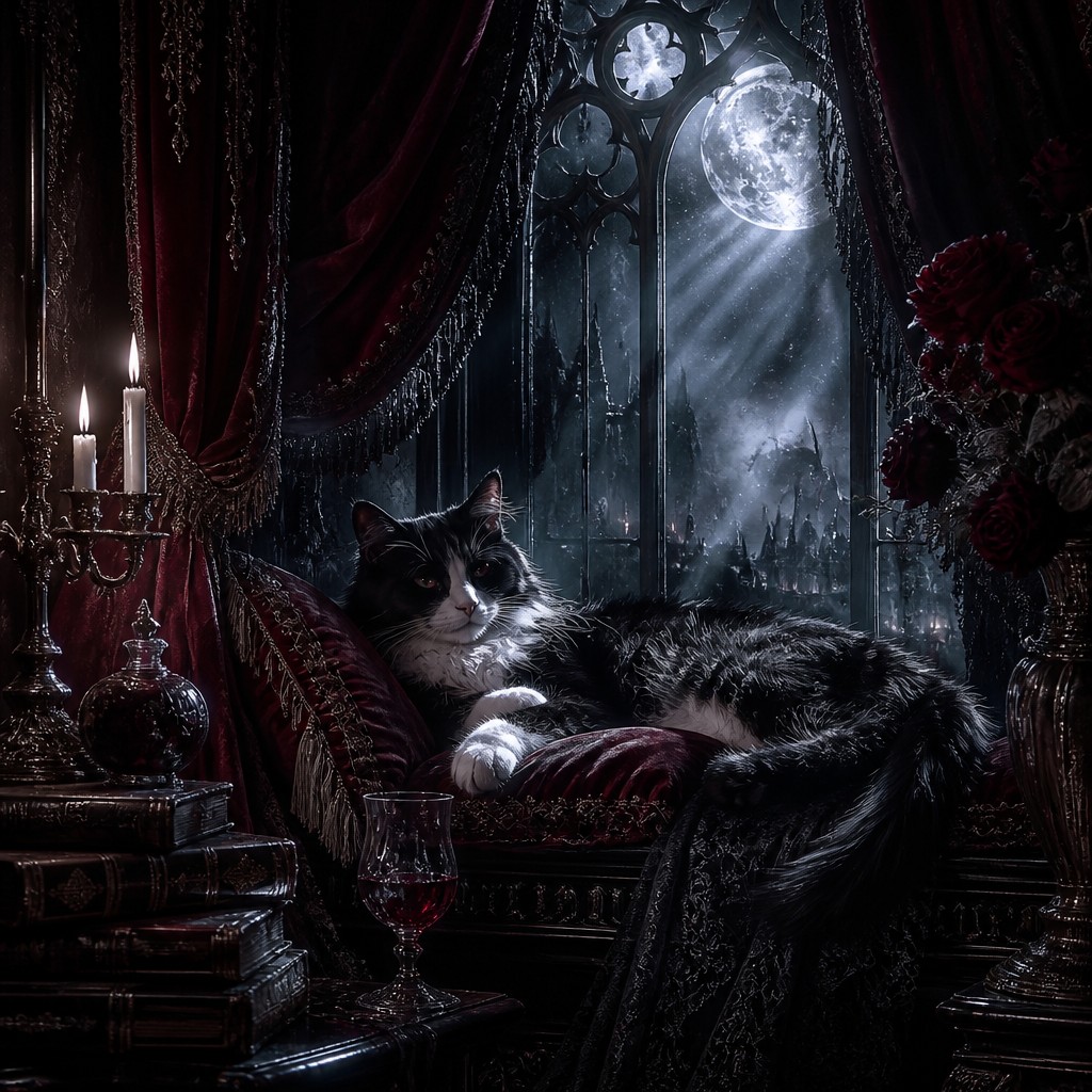 a cat lounging in a sunlit window — Vampirecore Aesthetic