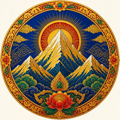 an emblem of a mountain peak inside a circle, simple bold shapes on a plain background, no text or lettering
