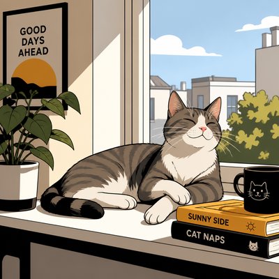a cat lounging in a sunlit window
