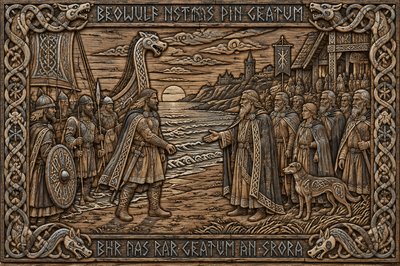 a wood carving of a scene with a man and a dog