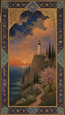 a lone lighthouse on a cliff at dusk under a dramatic sky, no text or lettering