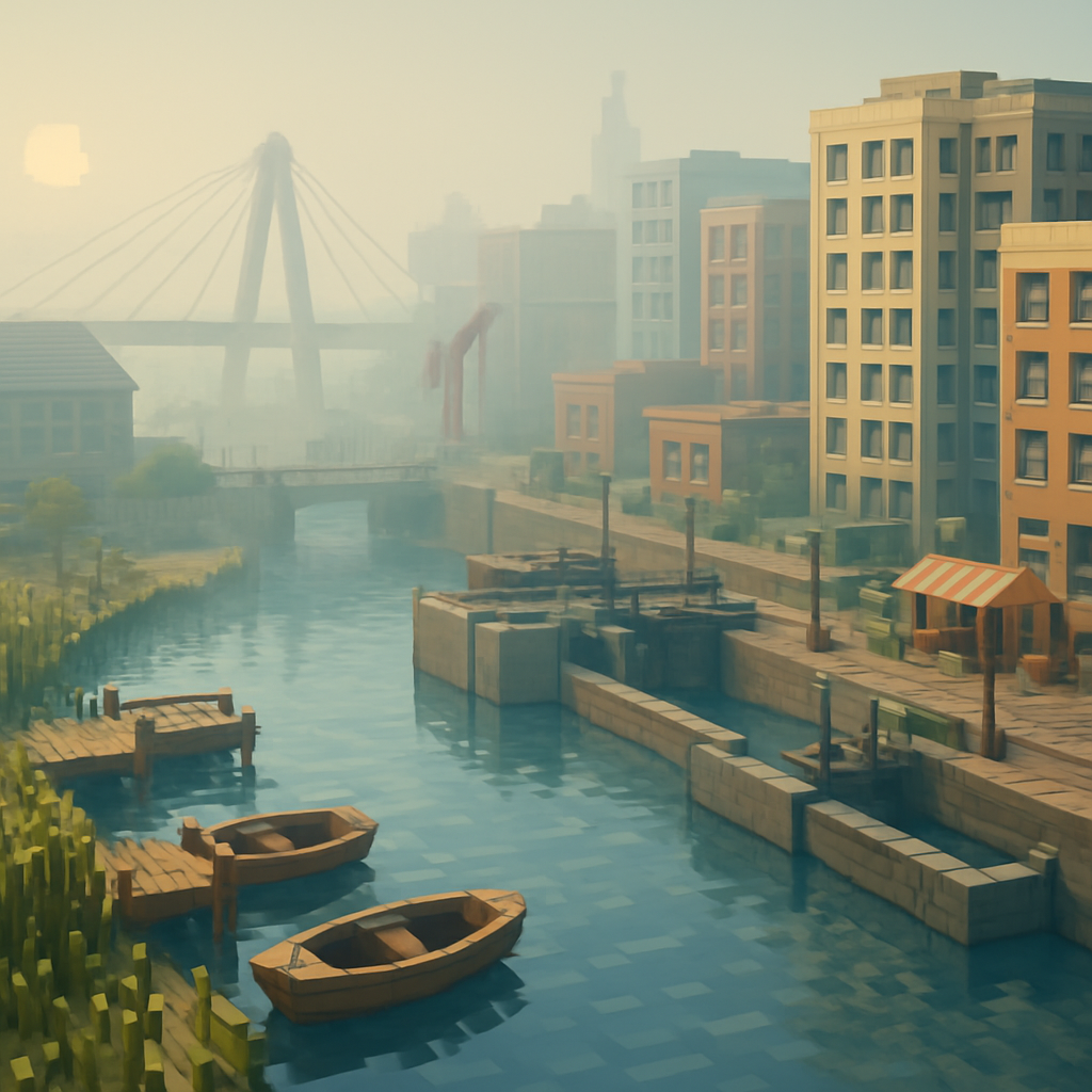 Scene: A small river with wooden docks, rowboats, and reeds evolves into an urban waterfront with canals, bridges, warehouses, and modern apartment buildings along the water.

Details: Boats, water reflections, street furniture, bridge cables, canal locks, cranes, riverside markets.

Lighting/Style: Morning mist over the water, sun reflecting on windows, subtle water movement, gentle waves.