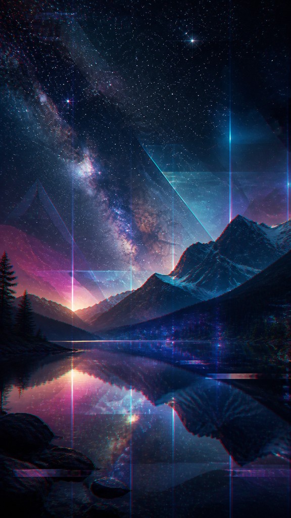 a tranquil mountain lake beneath a starry night sky, no people, no text