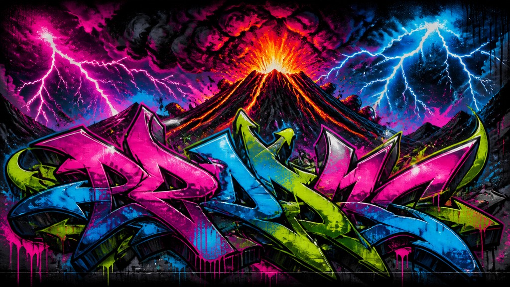 an erupting volcano with lightning strikes, dramatic wide composition, no text