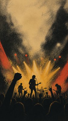 a live music scene with a glowing stage and silhouetted crowd, energetic vertical composition with open space at the top, no text