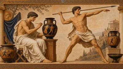 ancient greek ignudi vase painter and javelin thrower posing