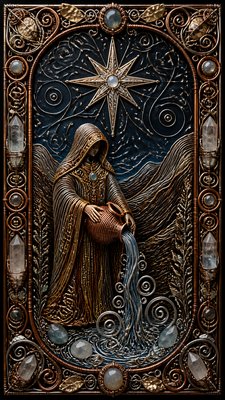 a robed figure pouring water beneath a large eight-pointed star in a night sky, symmetrical composition with an ornate decorative border, no text
