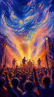 a live music scene with a glowing stage and silhouetted crowd, energetic vertical composition with open space at the top, no text