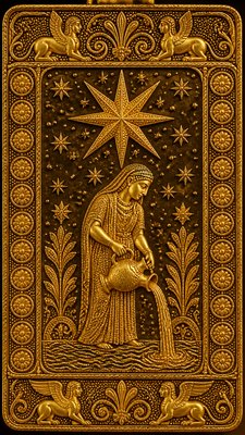 a robed figure pouring water beneath a large eight-pointed star in a night sky, symmetrical composition with an ornate decorative border, no text