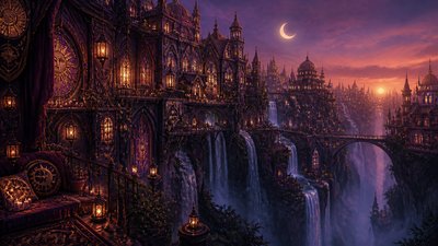 a cliffside city with waterfalls cascading into a misty canyon, wide establishing shot, no people, no text