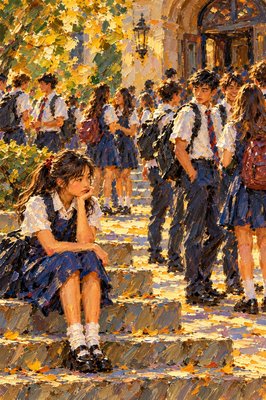 a painting of a girl sitting on steps