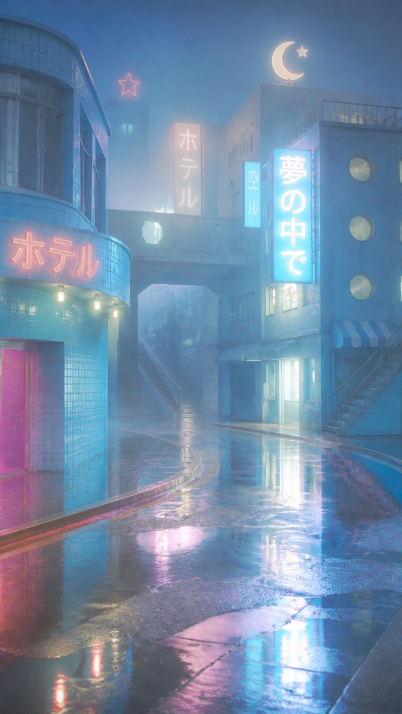 a quiet rainy city street at night reflecting neon signs, no people