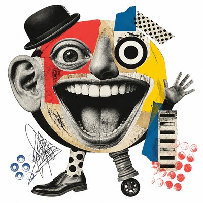 an exaggerated laughing face of an original round mascot character, bold and readable at small size, plain background, no text