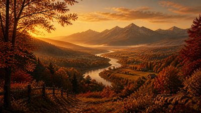 a vast valley with a river winding toward distant mountains at sunrise, no people, no text