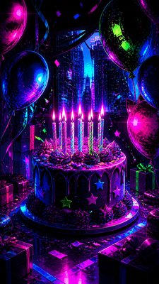 a birthday cake with lit candles surrounded by balloons and confetti, festive vertical composition, no text