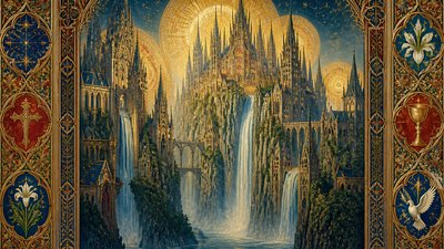 a cliffside city with waterfalls cascading into a misty canyon, wide establishing shot, no people, no text