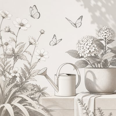 a garden scene with butterflies, flowers and a watering can, clean uncolored line art, no text