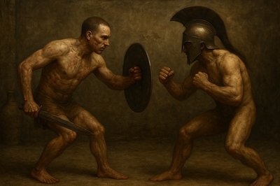 a painting of two men fighting with each other