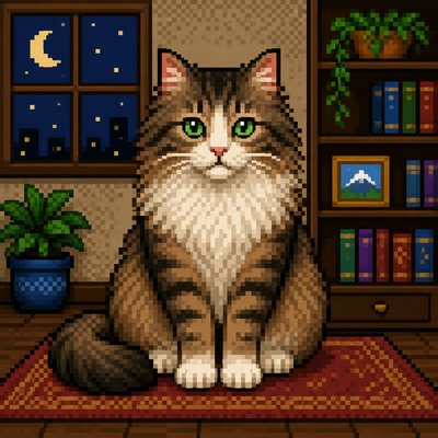 a fluffy cat sitting upright, looking at the viewer