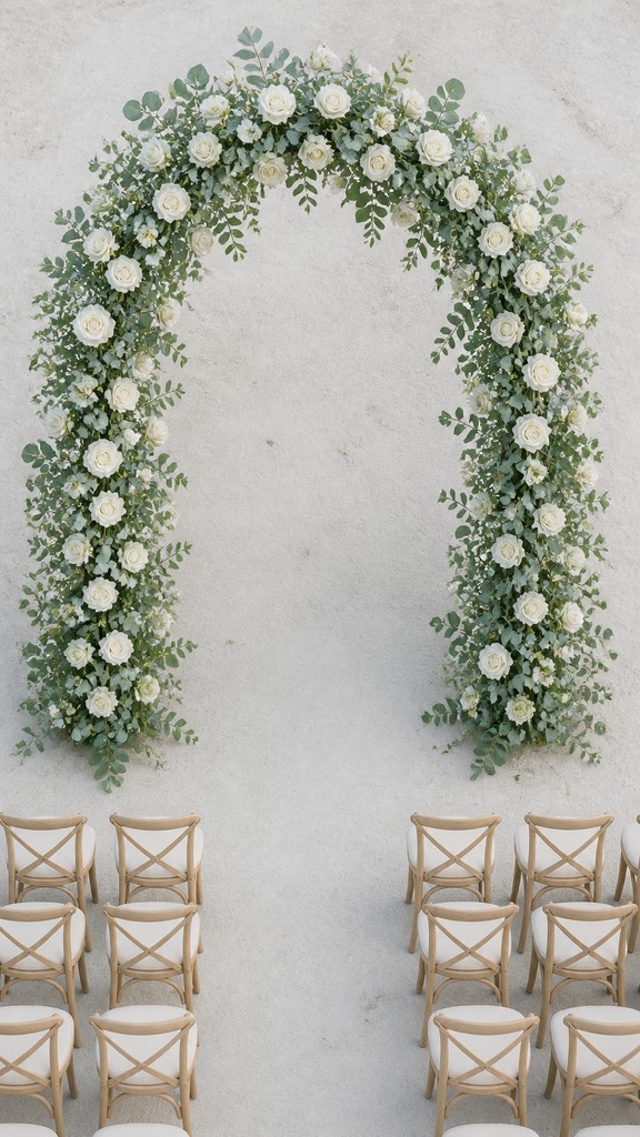 an arch of white roses and eucalyptus in soft morning light, elegant vertical composition with open space, no text