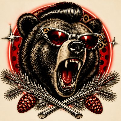 a roaring bear head above crossed pine branches, bold graphic composition on a plain background, no text
