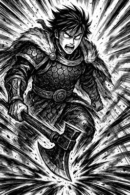 a painting of a man in armor holding an axe