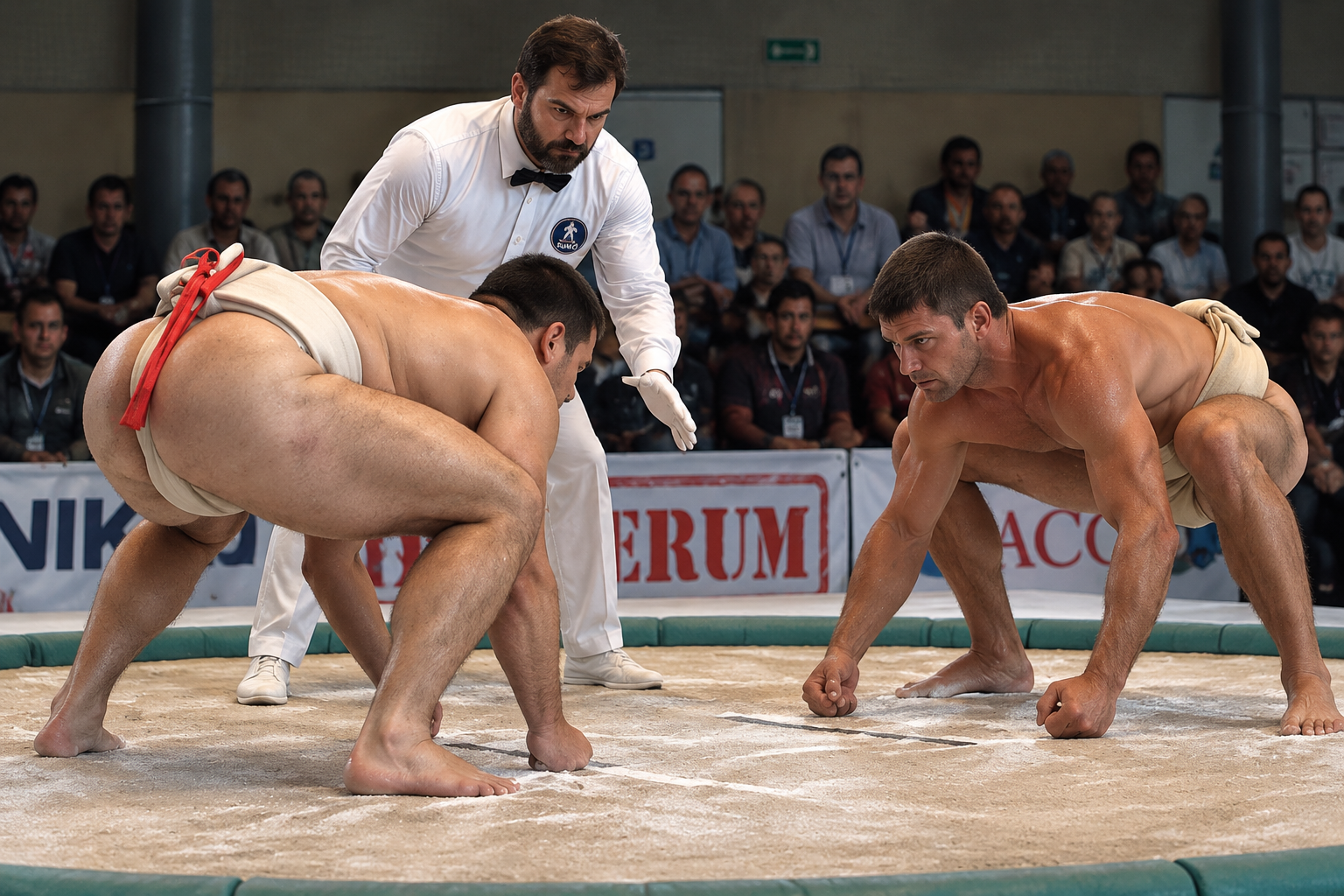 two sumo wrestlers in a ring with a crowd watching