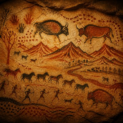wide landscape with natural scenery — Prehistoric Cave Art Style