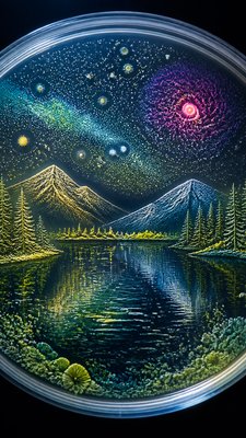 a tranquil mountain lake beneath a starry night sky, no people, no text